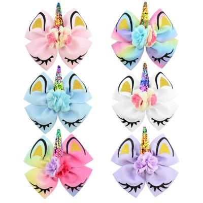 China Comfortable Children's Flip Sequins Bronzing Simulation Unicorn Flower Bow Hairpin Headdress for sale