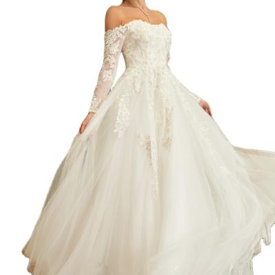 China Princess Anti-Static Off-the-Shoulder Sweep Train Tulle Lace Up Wedding Dress With Lace for sale