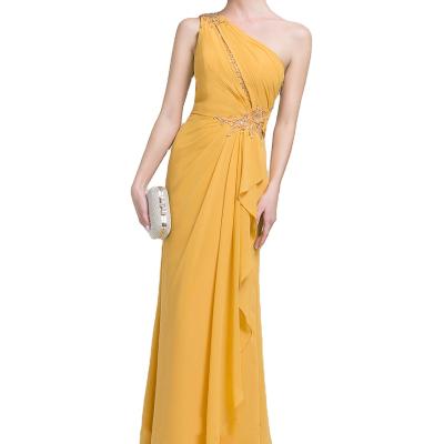 China Anti-Static One-Shoulder Chiffon Floor Length Evening Dress With Beading Sequins Cascading Ruffles for sale