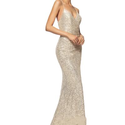 China Sweep Train Anti-Static V-Neck Sequined Evening Dress With Split Front for sale