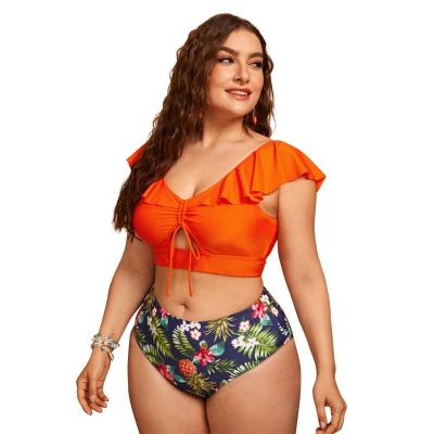 China Plus size 2021 new European and American high slit size printed bikini women's swimsuit for sale