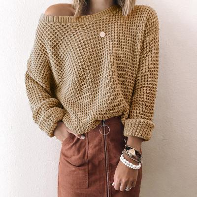 China Women's Solid Color Breathable Loose Diagonal Collar Long Sleeve Knitted Sweater for sale