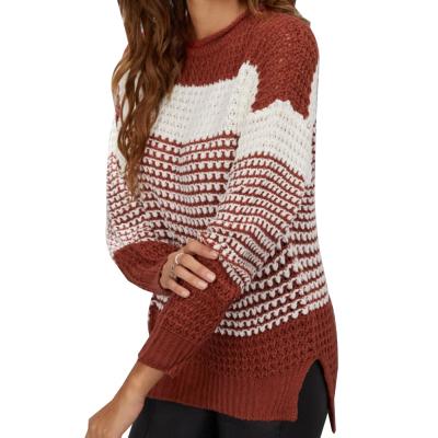 China Anti-wrinkle Wool Knitted Plaid Women's Round Neck Long Sleeve Loose Thick Needle Sweater for sale