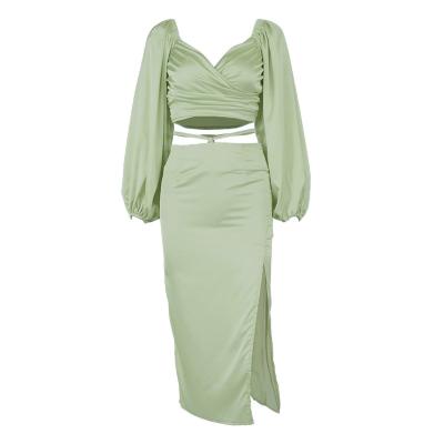 China Satin Blast Sleeve Anti-Static Explosive Short Blouse Split Long Skirt Two Piece Suit for sale