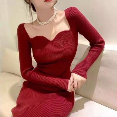 China Breathable Long Sleeve Sweater Dress Women's Slim Waist Knitted Dress Square Collar Design for sale