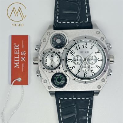 China Men Quartz Dual Time Big Face Compass Watch Leather Strap Watch for sale