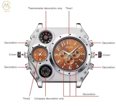 China Unique Design Quality MILER Brand Dual Time Big Face Men Watch with Compass Leather Strap Quartz Watch for sale