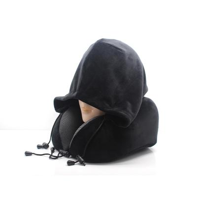 China Newest Memory Fashion Airplane Travel Sleep Memory Foam U Shape Hooded Neck Pillow for sale