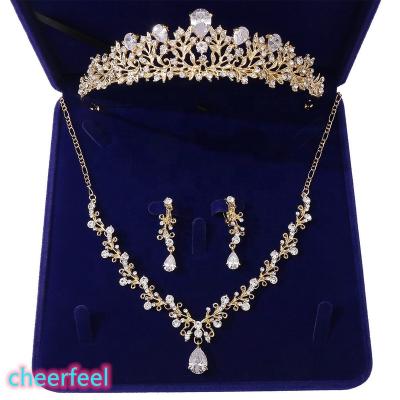 China Cheerfeel HS-204 TRENDY gold zircon wedding crown bridal tiaras ring jewelry necklace sets for bride for sale