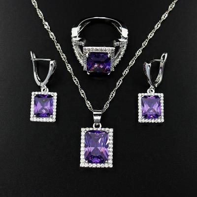 China Cheerfeel NA-319 silver plated jewelry set women jewelry copper crystal and zircon shinny purple ring earring necklaces sets jewelry for sale