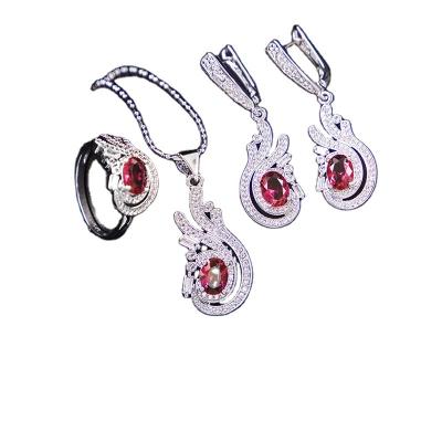 China Sgarit FASHION Luxury Wedding Jewelry Set 18k Gold Diamond Pigeon Brood Red Natural Ruby Ring Earring Pendant Necklace Jewelry Set for sale