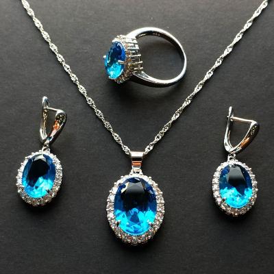 China Cheerfeel Jewelry Set Bridal Jewelry Faceted Cut Oval Gemstone For Shinny Blue Zircon Engaged Ring Necklace Jewelry Sets With Clip On Earrings for sale