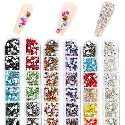 China High Index Of Shiny Refraction 12 Grids Rhinestone Nail Art Decorations AB Colors Flat-back Crystals 3D DIY Tips Glass Stone Nail Gems Shiny Mixed Size for sale