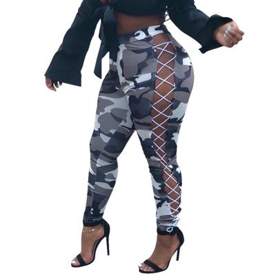 China 2021 Women's Washable Washable Autumn Clothes Latest Fashion Style Hollow Out Plus Size Casual Camouflage High Waist Lace Up Corset Long Pants for sale