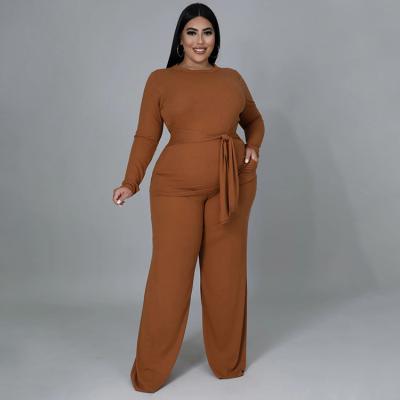 China Women 2021 Autumn Winter Solid Rib Clothing plus size casual plus size xxxxl plus size pure color two pieces long sleeve pants set for sale