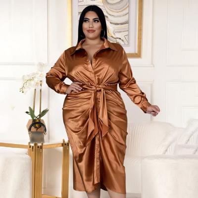 China Plus Size Plus Size Women's Plus Size Shiny Draped Maxi Dresses Turn-Down Collar Autumn Fashionable Clothing for sale