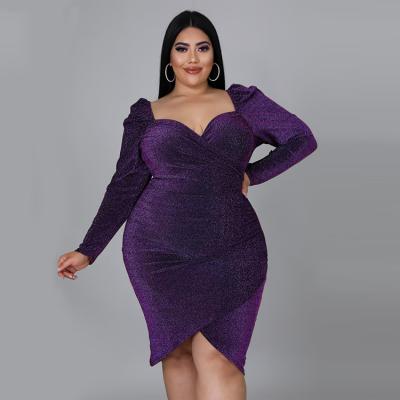 China Breathable Breathable Women Fall Clothing Plus Size Big Size V Neck Long Sleeve Puff Irregular Party Dress for sale