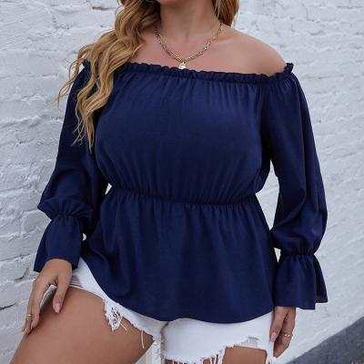 China Plus Size Plus Size Women Fall Latest Popular Clothing Navy Blue Shoulder Long Sleeve Plus Size Outfits For Woman Top for sale