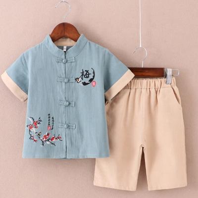 China New Antibacterial Summer Children Cotton Canvas Flavor Suit Chinese Style Boy's Hanfu Sets 2-9 Years Retro Two Button Short Sleeve for sale