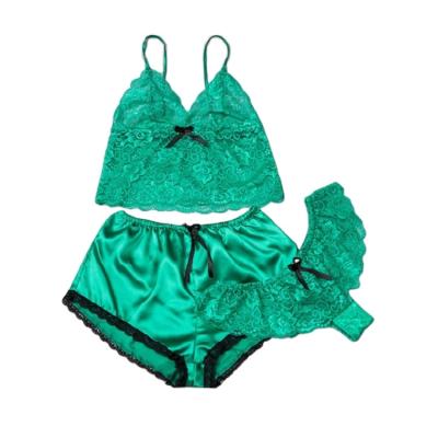 China POLYESTER/NYLON women satin lace shorts and short sheath three piece underwear in stock for sale