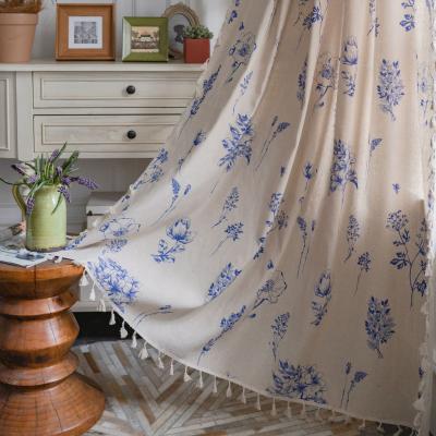 China Blackout Gray Flower Printed Curtain Finished Black Tassel Garden Kitchen Curtain Bay Window Curtain for sale