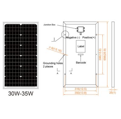 China High Efficiency 30w Mono Solar Panel 36 Cells With 25 Years Warranty Output Power 156.75mmx156.75mm for sale