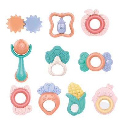 China 2021 Safety Vegetable Shape Animal Chew Toy Infant Handbell Set Bell Teething Toy Baby Rattle Silicone Teether With Box for sale