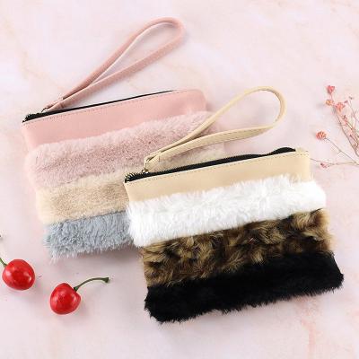 China New fashion factory PU handbag zipper storage leather splicing bag South Korean wholesale waterproof plush cosmetic bag for sale