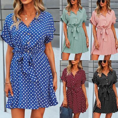 China Sexy Mature Elegant Dress A Line Casual Mini Polka Dot Waist Dress Short Sleeve Big Edge for sale