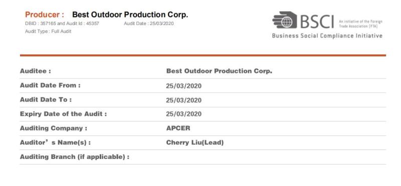 BSCI - Best Outdoor Production Corp.