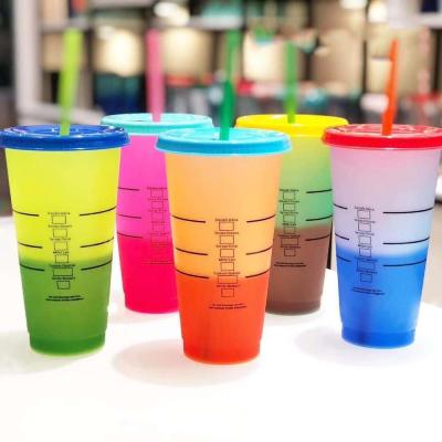 China Hot sale 700ml pp 24oz single wall straw tumbler drinking water temperature gradient reusable color changing plastic cup for sale