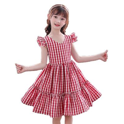 China The classic red dress anti-static modern girl's vest flight sleeve comfortable girl's dress fashion small v-neck check girl's skirt for sale