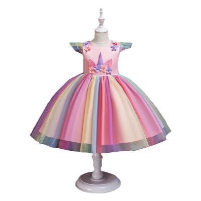 China New European and American children's Christmas girl's poncho princess skirt rainbow anti-static mesh Unicorn Flower Girl Dress for sale