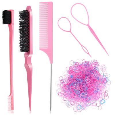 China Waterproof Hair Brush And Comb Set, Pin Rat Tail Comb And Double Sided Edge Brush Set With Rubber And Elastic Bands &Hair Braiding Tools for sale