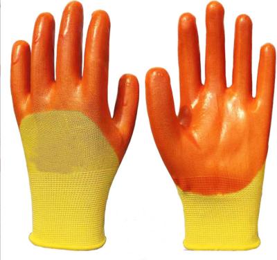 China Anti-smash PVC Coated Gloves 13gauge Yellow Polyester Orange PVC Half Coated Gloves Working Gloves for sale