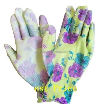 China Breathable Stretch Floral 13G Polyester With PU Coated Glove for sale