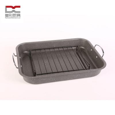 China Sustainable S.S/2Pcs Handle Iron Metal Carbon Steel Marble Coating Electric-Clad Rotisserie Baking Pan with BBQ Flat Grill Rack Deep Cooking for sale