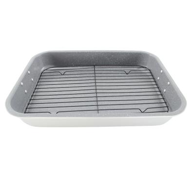 China Repeat Use Deep ServingTray Food Safety Standard Carbon Steel Turkey Chicken Non-Stick Marble Coating Rotisserie with Rack and Handle for sale