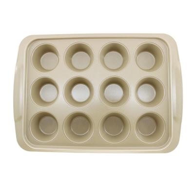 China 0.6mm Sustainable Food Safety Grade Round Gold Color Non Stick Marble/Ceramic Coating Carbon Steel Cupcake Roll Pan Baking Tray CakeMold for sale