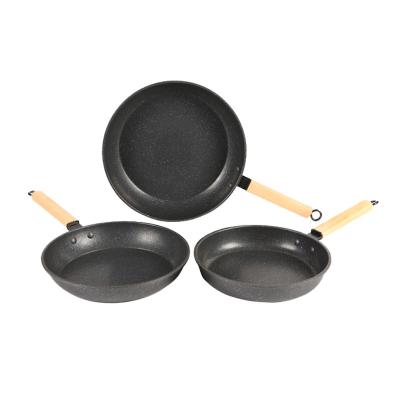 China Factory Offered New Style Food Grade 3Pcs Carbon Steel Flat Product Viable Sprial Bottom Non-Stick Marble Coating Frying Pan With Wooden Handle for sale