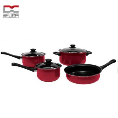 China Factory Sustainable Supply Walmart Style Iron Metal Cookware 7pcs Set Kitchenware Ware With Black Bakelite Handle And Tempered Glass Lid for sale