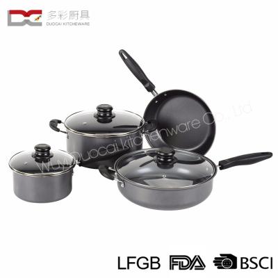 China Food Safety Sustainable Grade 7Pcs Carbon Steel Bakelite Handle Cover Match Chicken Non-Stick Coating Fryer and Temepered Glass for sale