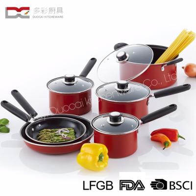 China Factory Direct Supply High Quality Viable Carbon 10Pcs Colorful Kitchen Cooking Frying Pot Pan Cookware Set With Tempered Glass Cover for sale