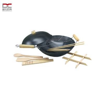 China Non-Stick Carbon Steel Cookware Helper Two Metal Handle Short Workable Wood Cover Black Round Flat Bottom Chinese Wok 8pcs Set for sale