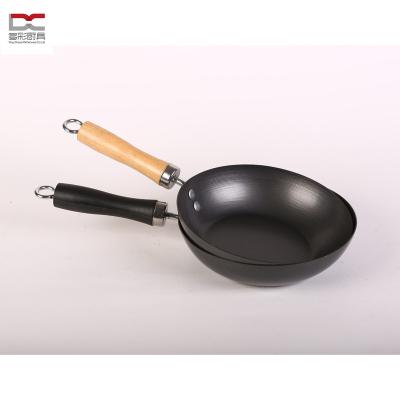 China Factory Supply Standard Food Safety Wok Stick Sustainable Uncoating Single Wooden Long Handle Carbon Steel Round Bottom Chinese Spiral Wok for sale