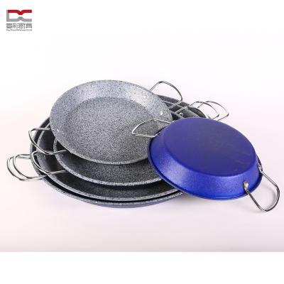 China Sustainable Food Safety Standard Round Carbon Steel Flatware Paella Wok Non-Stick Marble Coating Pan With Stainless Steel Short Handle for sale