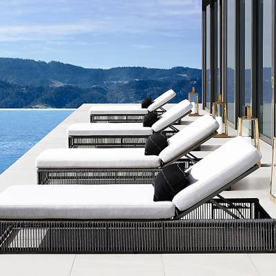 China New Arrival Modern Outdoor Rope Woven Folding Bed Beach Sun Sofa Black Patio Furniture Garden Lounger Hotel Poolside Black Couch for sale