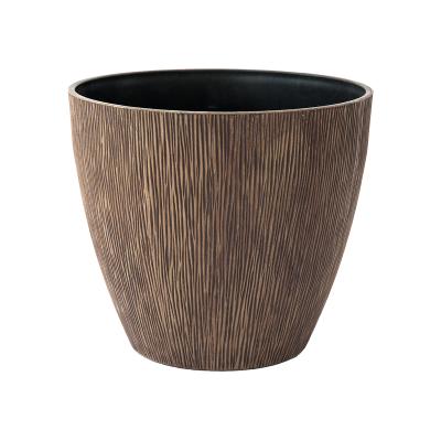 China Outdoor Patio Garden Decorative Resin Textured Wood Effect Planter Lightweight Plastic Plant Pots for sale