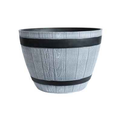 China Wholesale Lightweight 11 Inch Style Whiskey Barrel Shape Flower Pot Plastic Wood Planters for sale