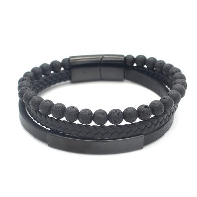 China FASHIONABLE New Men's Leather Bead Bracelet Braided Lava Bead Leather Bangle For Men for sale